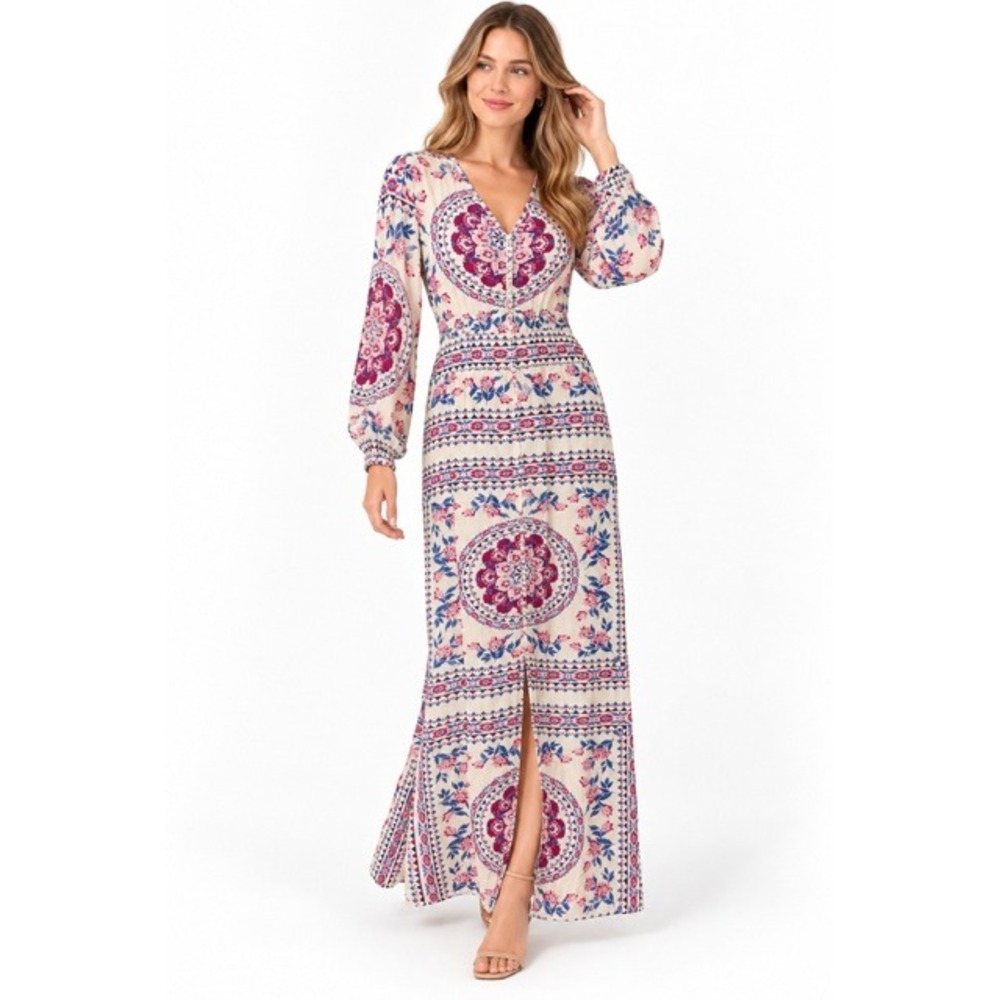Boho Mandala Long Sleeve Floral Button Front Maxi Dress S Cottagecore Beach